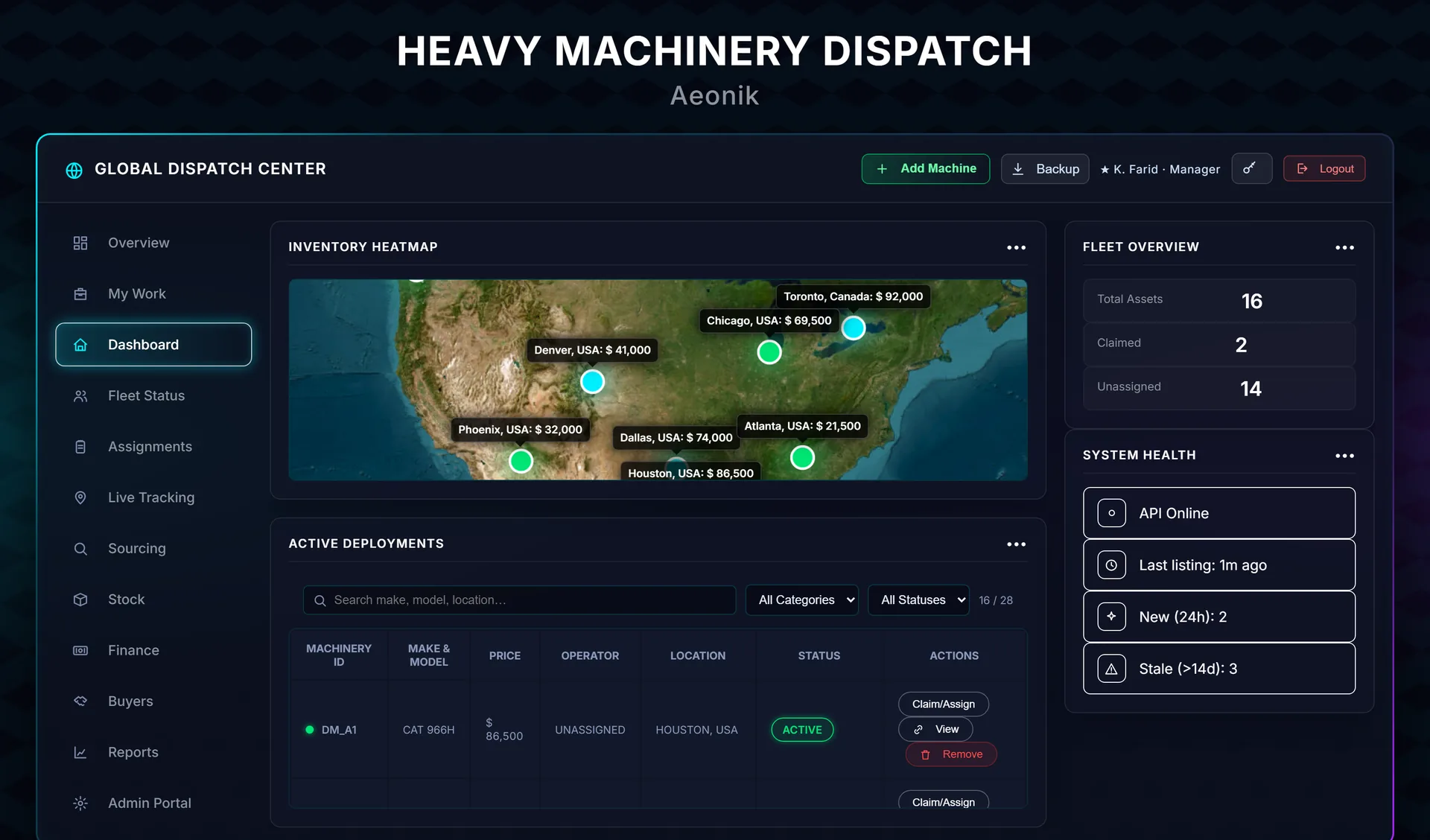 Heavy Machinery Dispatch dashboard